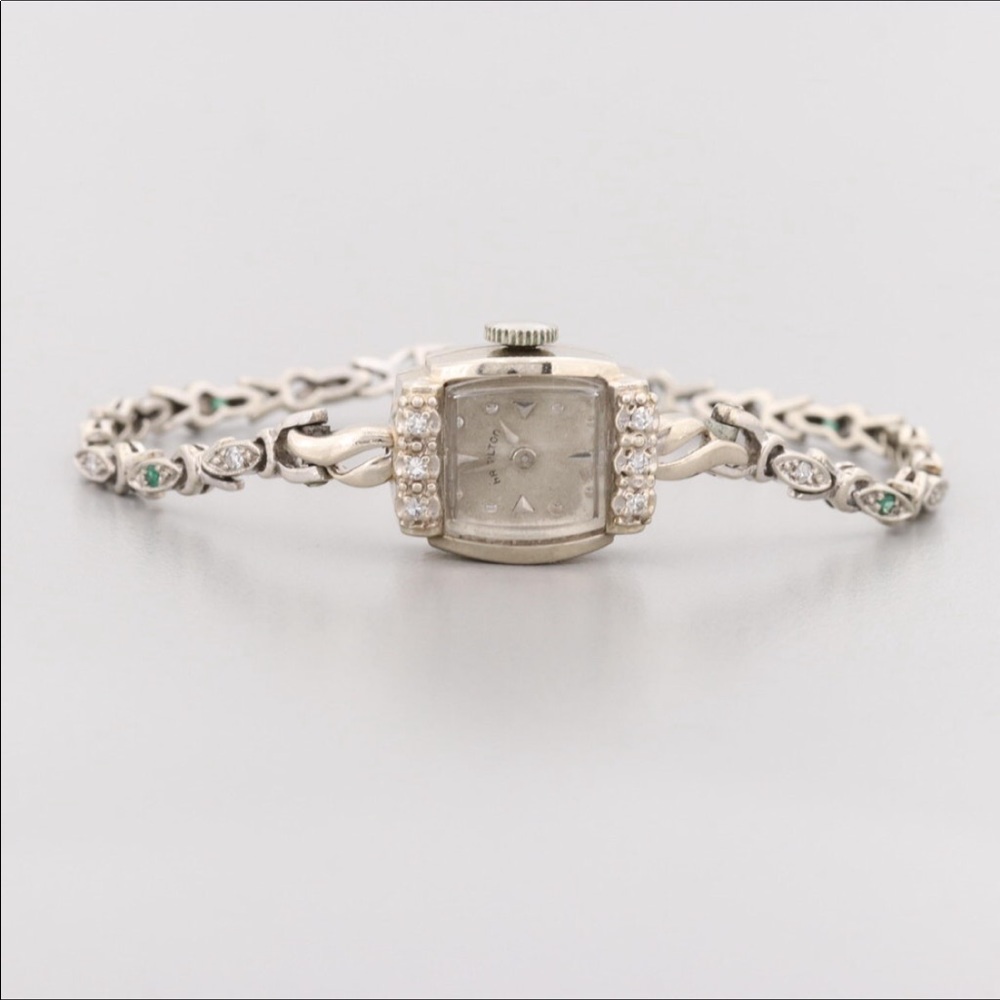 *Vintage 14K Hamilton Diamond & Emerald Watch with jewel-studded 14K watchband - Picture 4 of 10